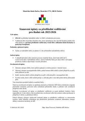 Stanovení úplaty za předškolní vzdělávání pro školní rok 2025/2026