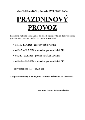 Prázdninový provoz o letních prázdninách 2026