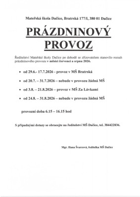 Prázdninový provoz o letních prázdninách 2026