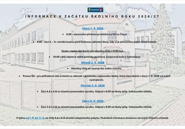 Informace k začátku školního roku 2026/2027