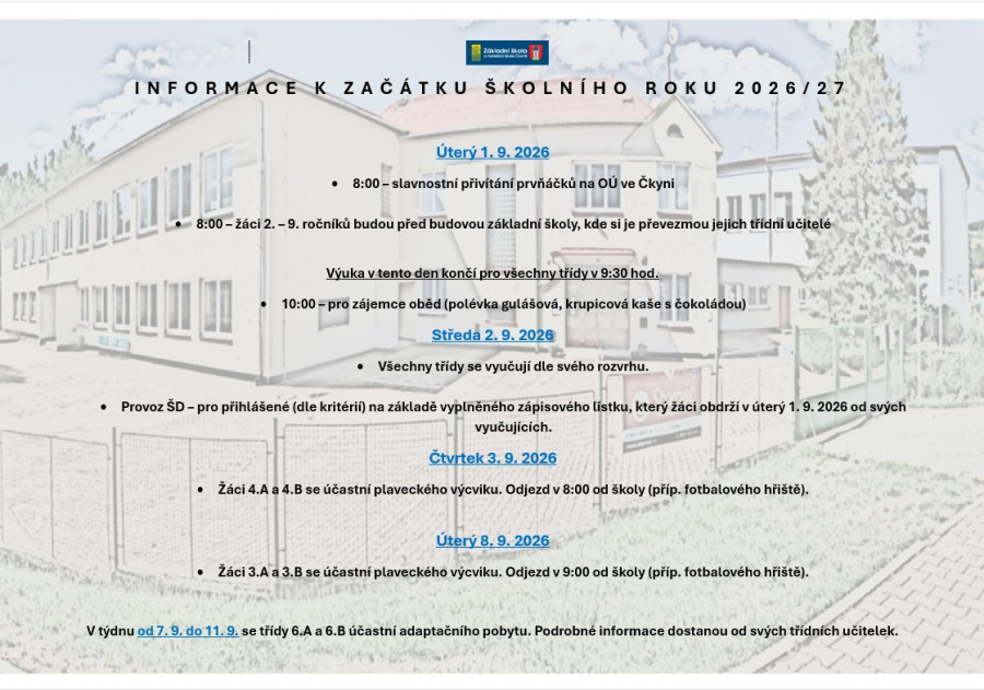 Informace k začátku školního roku 2026/2027